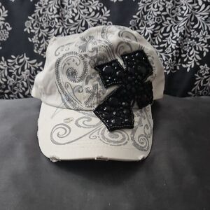 Embellished White Cap with Black Sequin Design